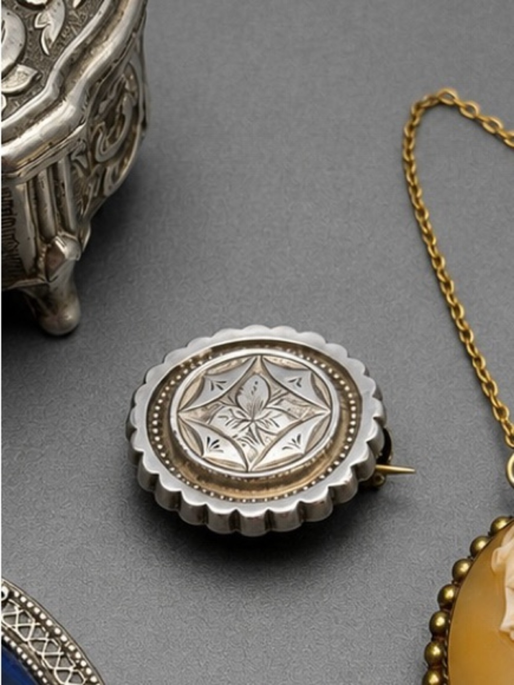 Antique Victorian White Metal Mourning Brooch